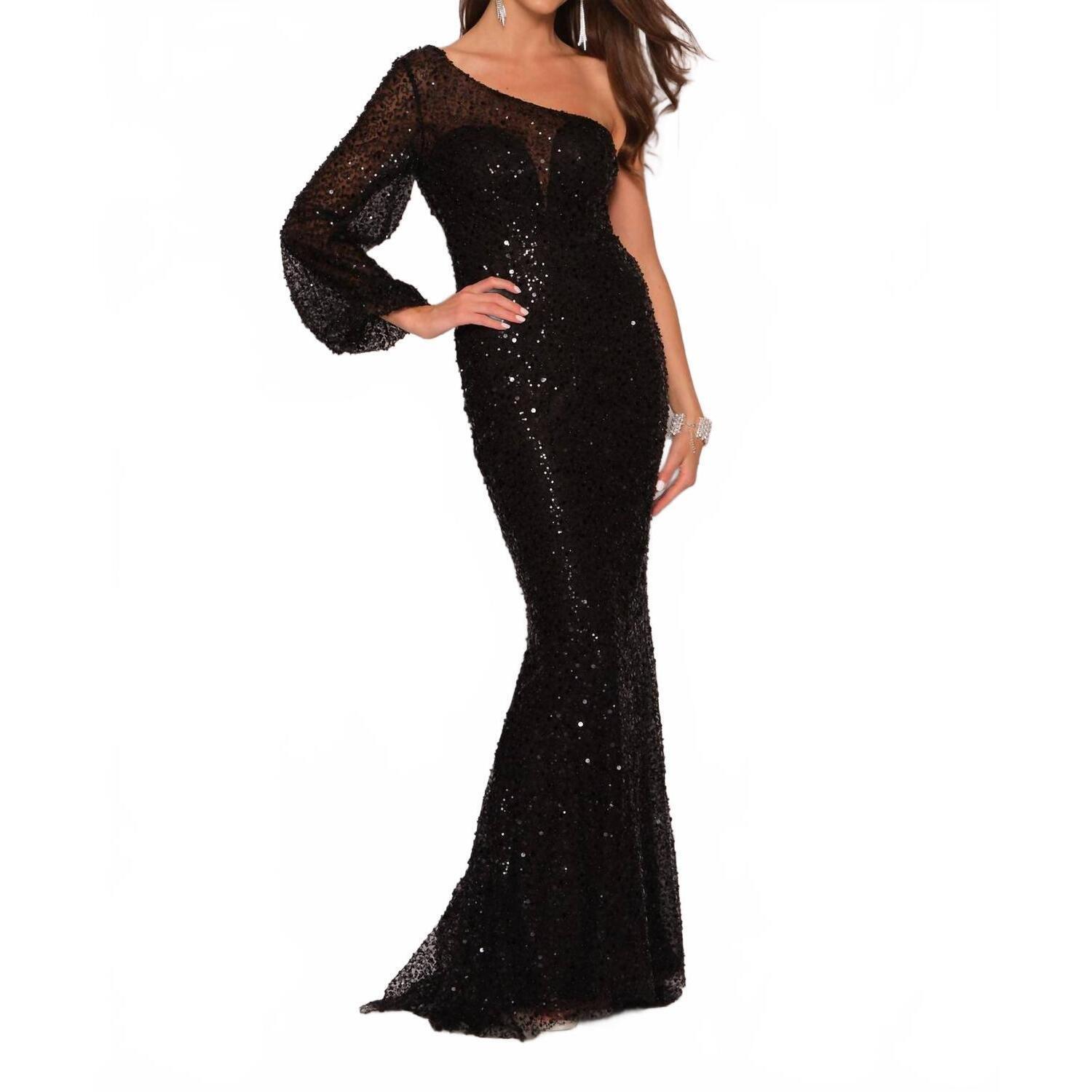 New Dave & Johnny One Shoulder Long Sleeve Prom Dress In Black